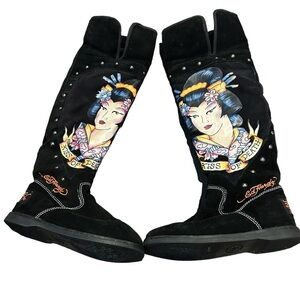 Don Ed Hardy Kiss Of Death Geisha Black Suede Fur Lined Knee High Boots Sz. 5